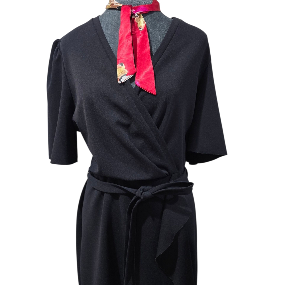 Elegant Black Wrap Dress with Red Scarf